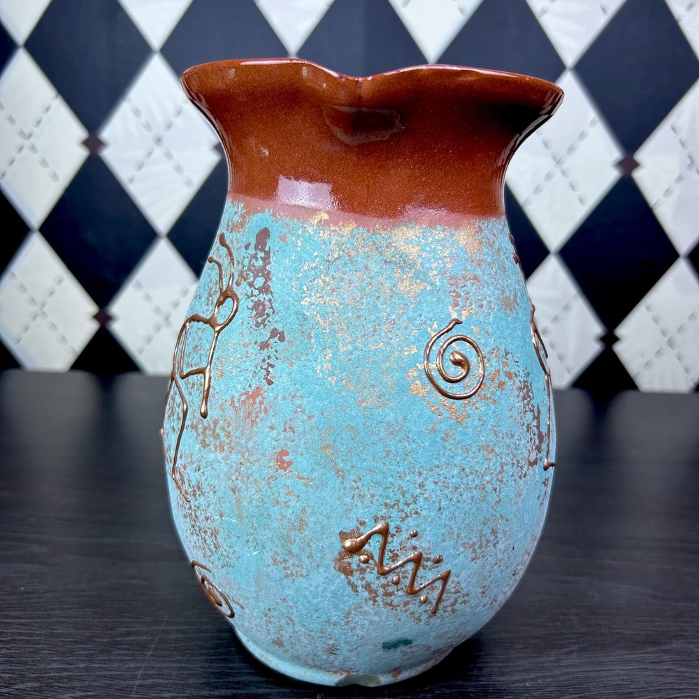 Southwestern Pottery Petroglyph Pitcher Turquoise And terracotta Vase Kokopelli - Picture 8 of 16